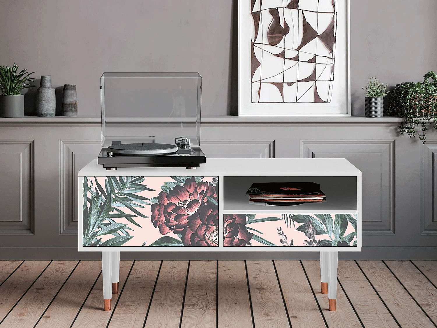 Mueble de TV - 115х59х48 cm - T3 - Peach Peonies, Branco
