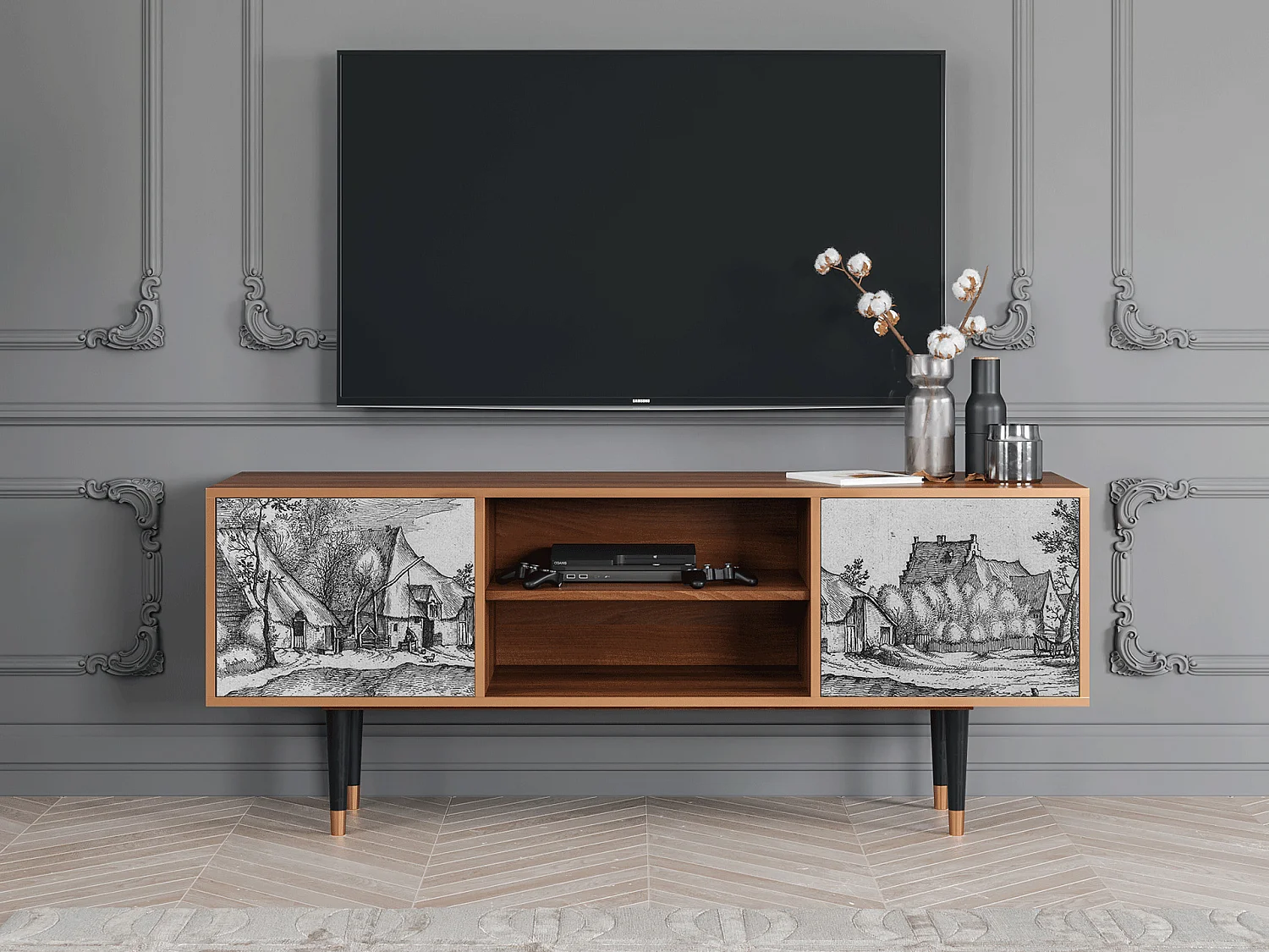 Meuble TV - 170х69х48 cm - T2 - Farms in a Village, Noyer