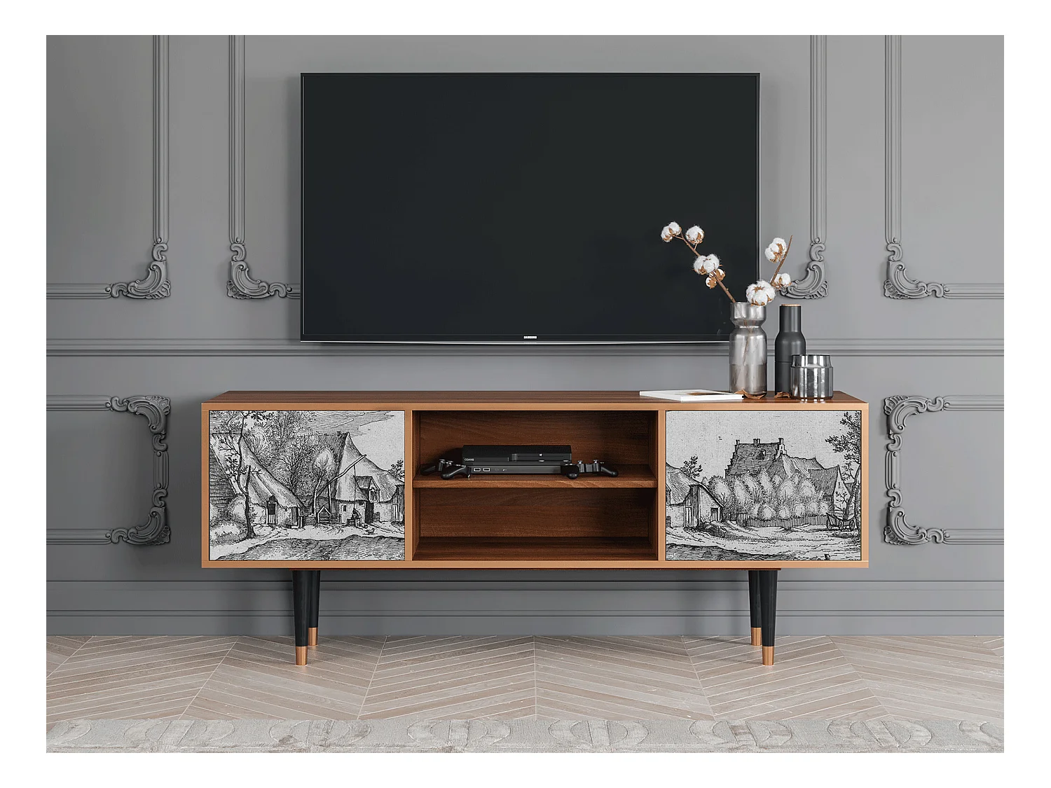 Meuble TV - 170х69х48 cm - T2 - Farms in a Village, Noyer