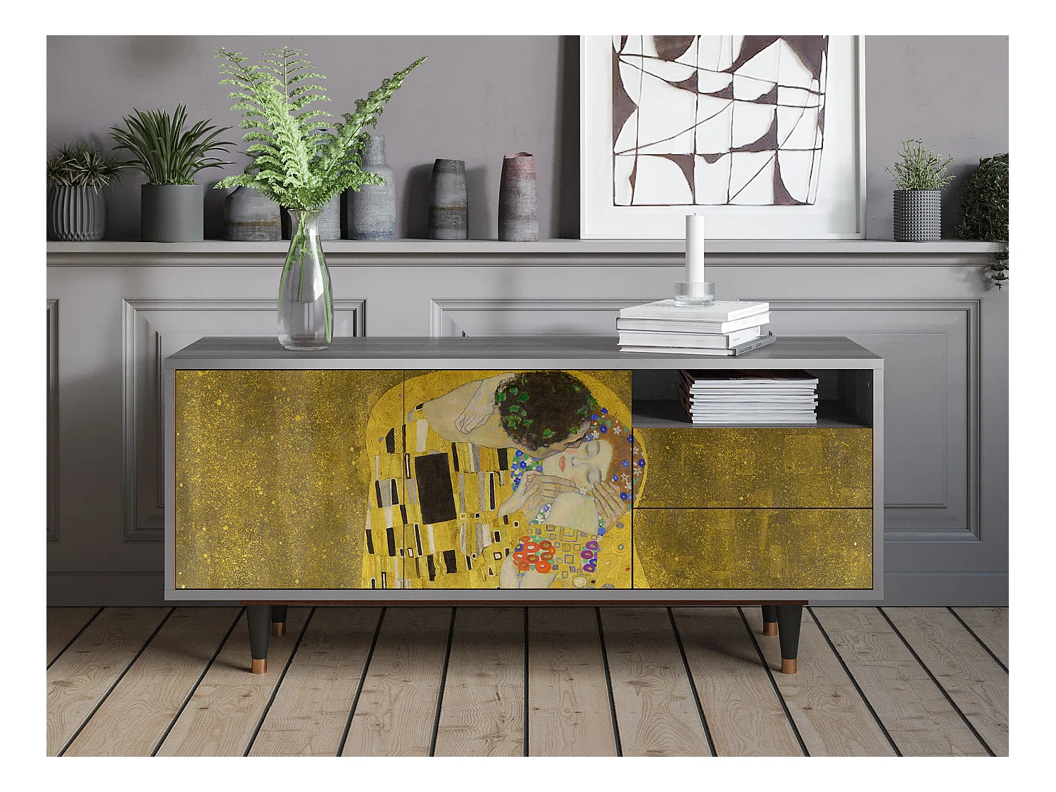 Meuble TV - 125х56х41 cm - T7 - The Kiss by Klimt , Gris