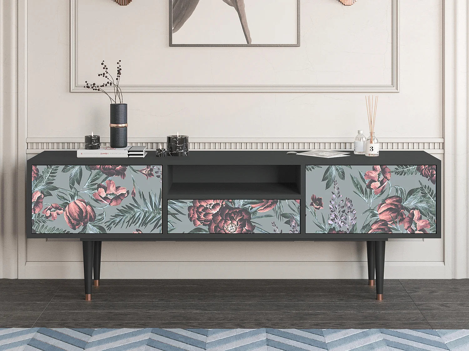 TV-Möbel - 170х59х41 cm - T6 - Light Peonies, Anthrazit