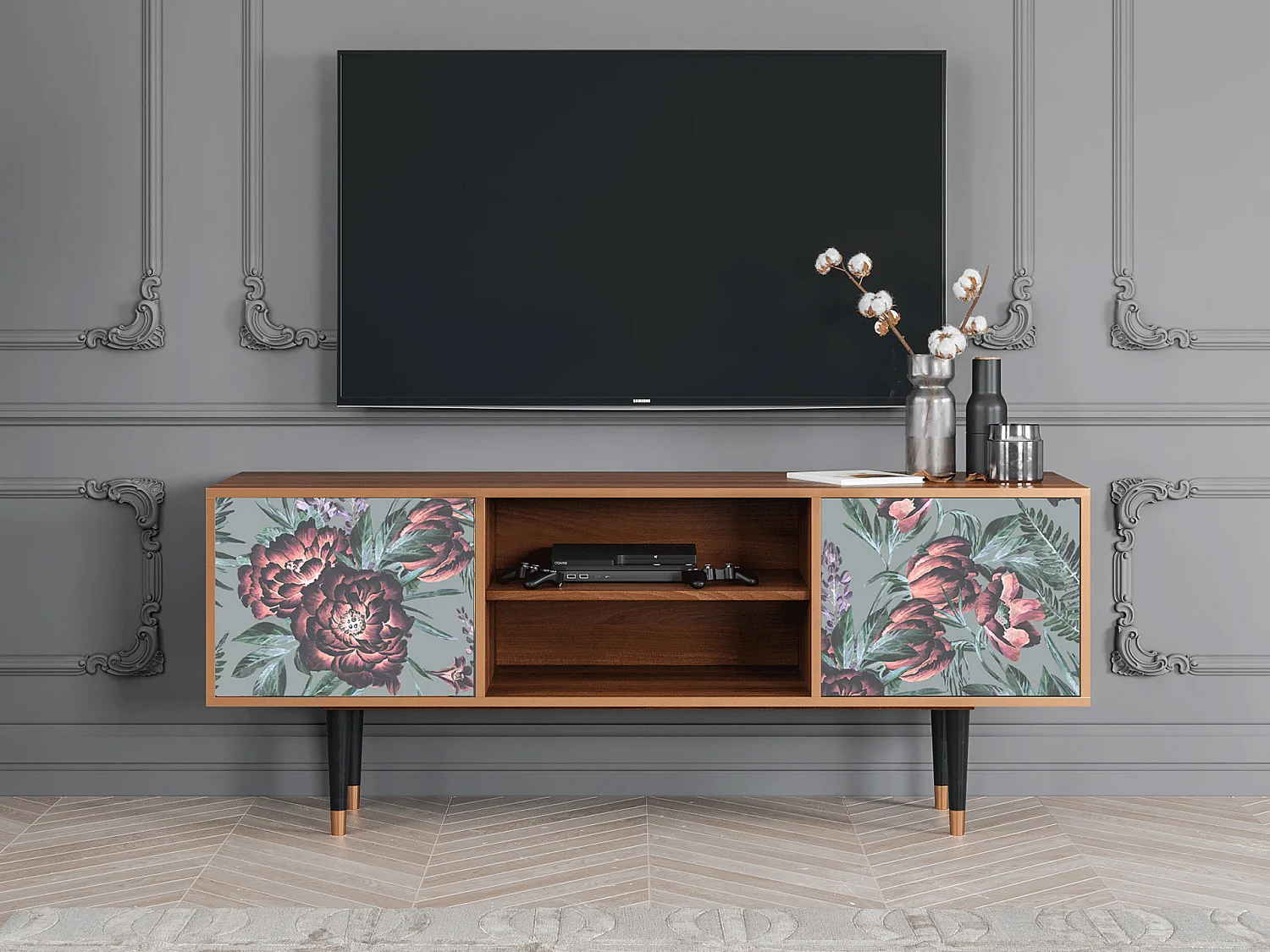 Mobile TV - 170х69х48 cm - T2 - Light Peonies, Noce