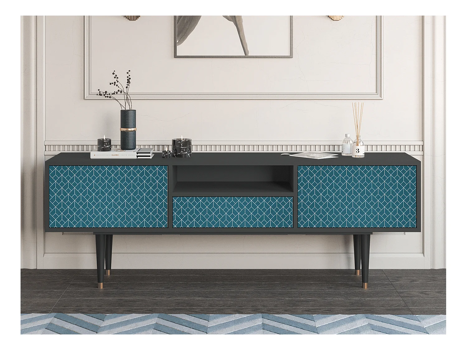 Meuble TV - 170х59х41 cm - T6 - Turquoise Geometry, Anthracite