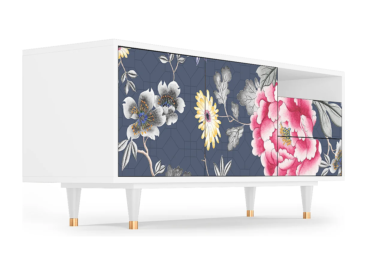 Meuble TV - 125х56х41 cm - T7 - Dark Flower Bed, Blanc