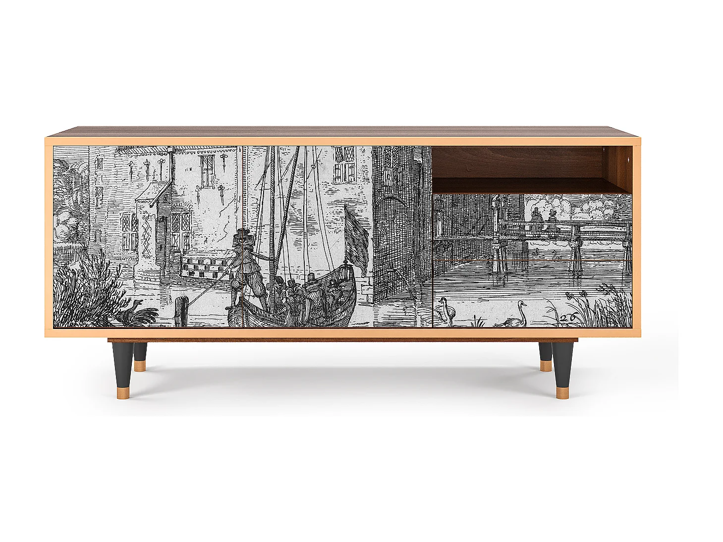 Meuble TV - 125х56х41 cm - T7 - Castle with Bridge, Noyer