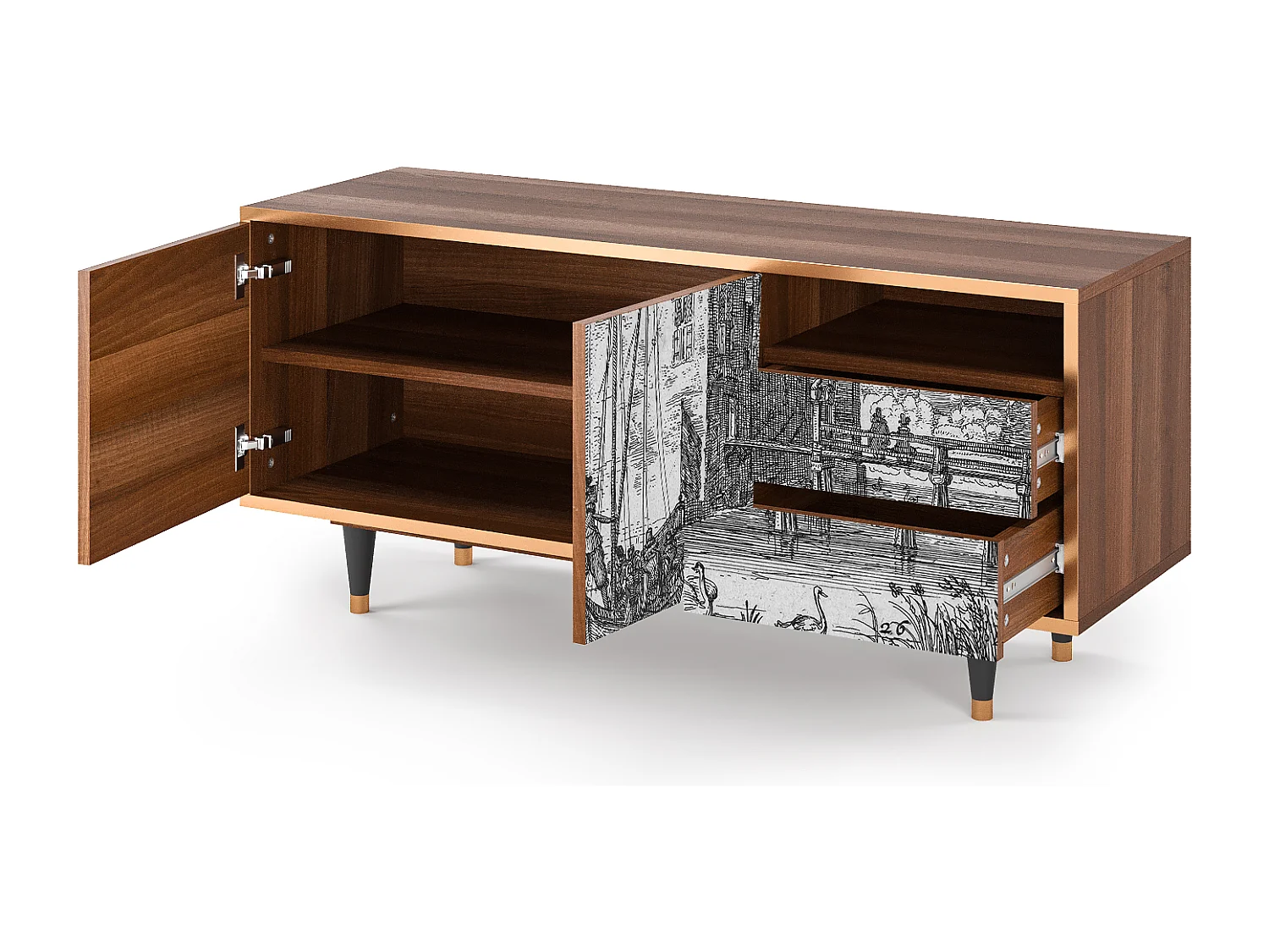 Meuble TV - 125х56х41 cm - T7 - Castle with Bridge, Noyer