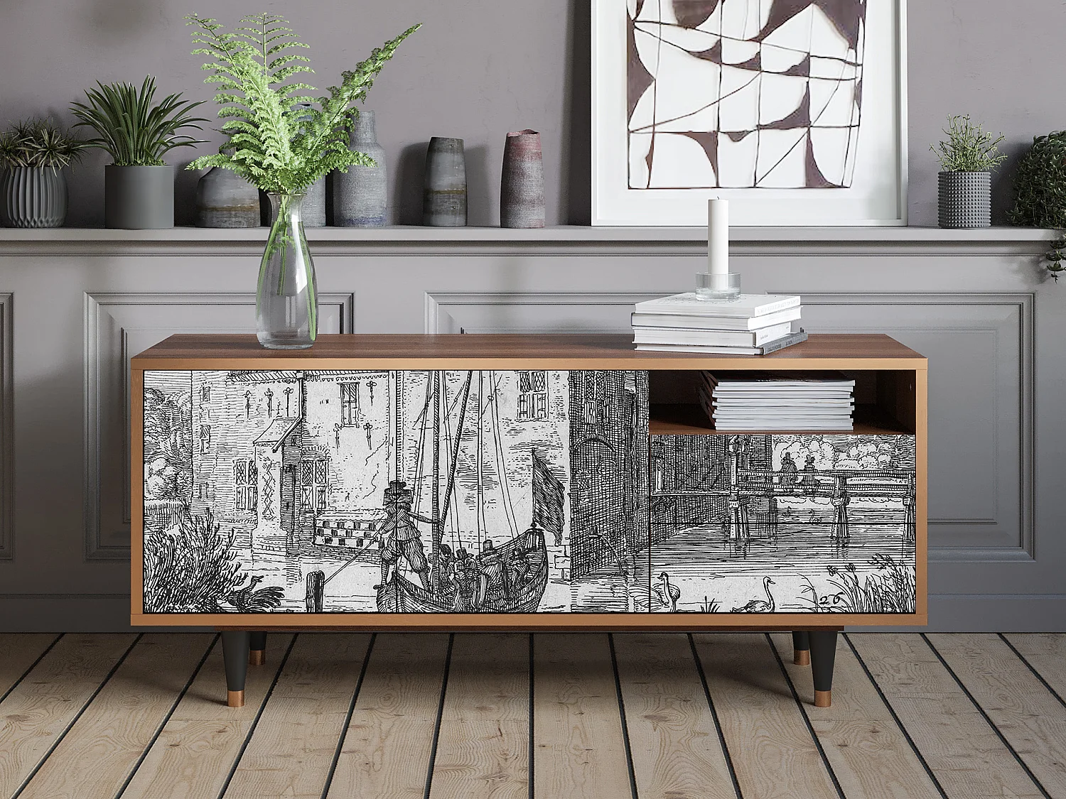 Meuble TV - 125х56х41 cm - T7 - Castle with Bridge, Noyer