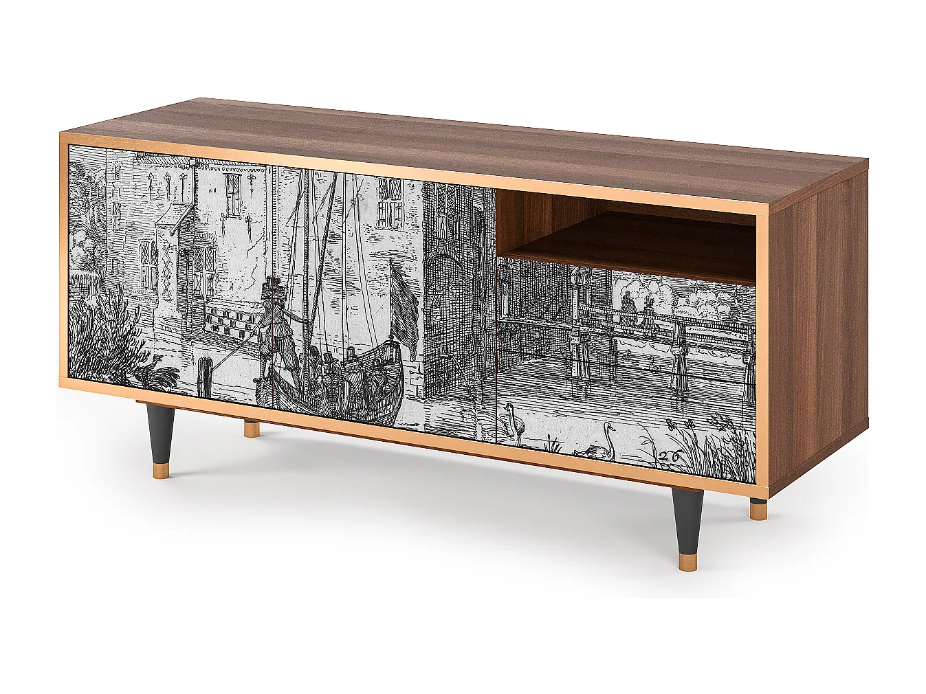 Meuble TV - 125х56х41 cm - T7 - Castle with Bridge, Noyer