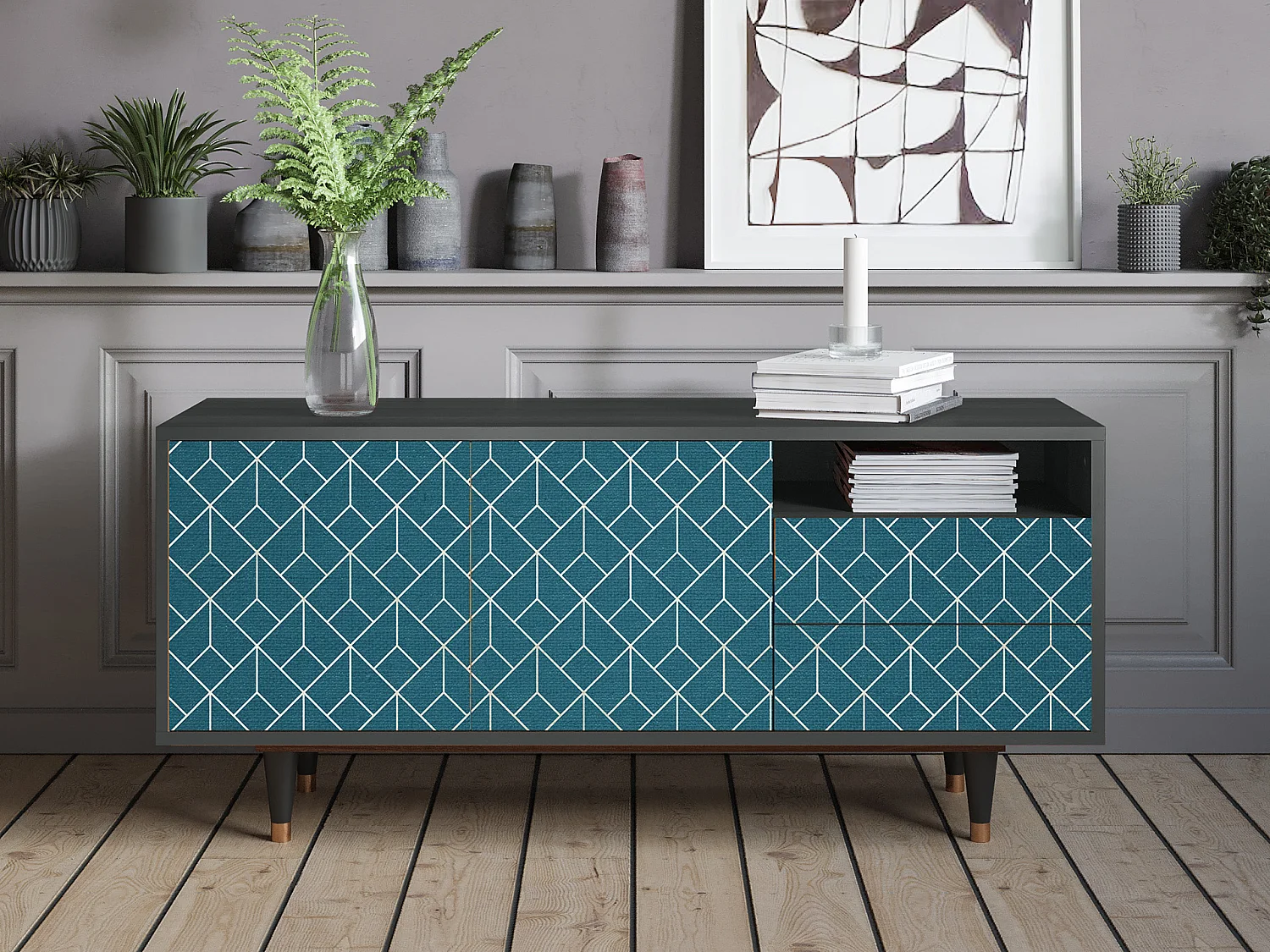 TV-meubel - 125х56х41 cm - T7 - Turquoise Geometry, Antraciet