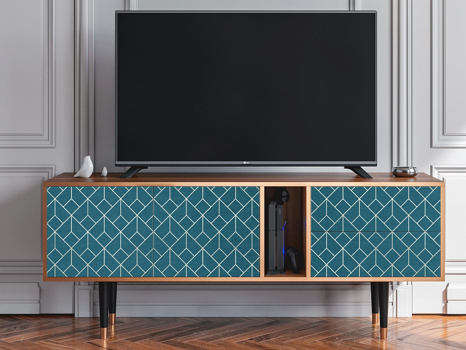 Meuble TV - 170х69х48 cm - T1 - Turquoise Geometry, Noyer