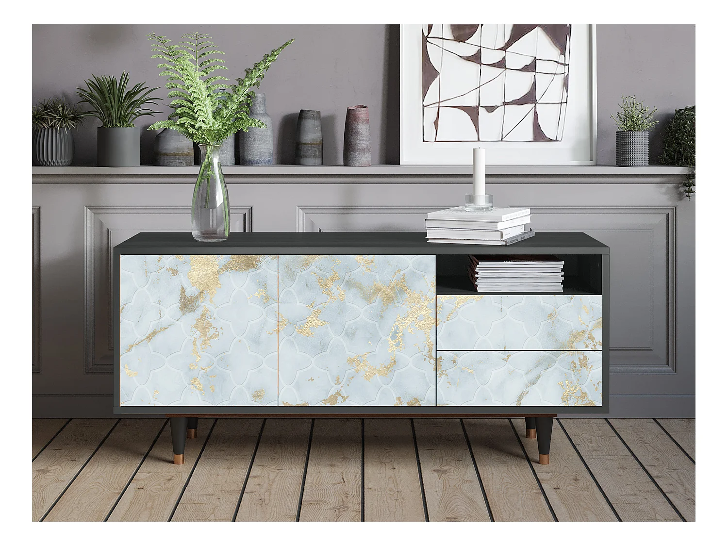 Meuble TV - 125х56х41 cm - T7 - Golden Waves, Anthracite