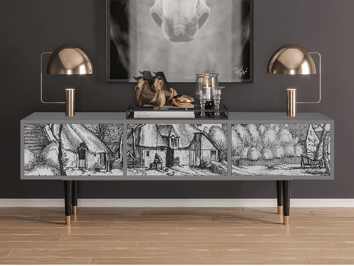 Mueble de TV - 170х59х48 cm - T4 - Farms in a Village, Gris