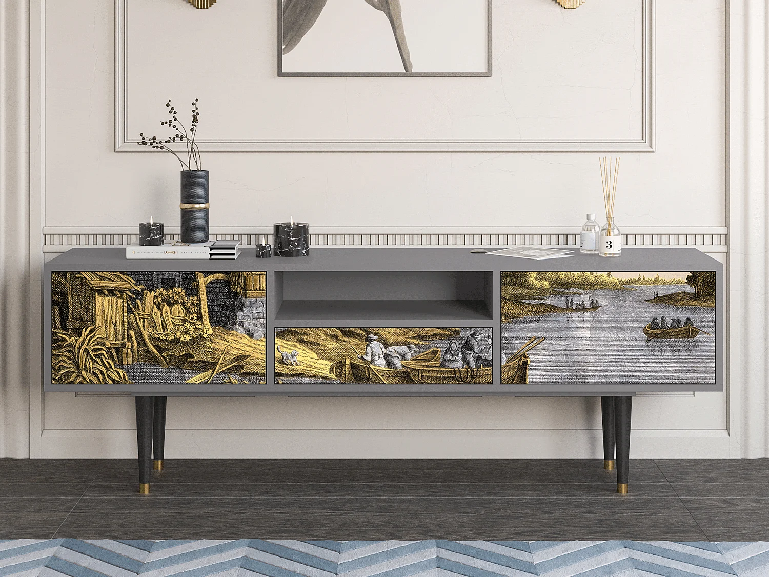 Mobile TV - 170х59х41 cm - T6 - Mill along a River, Grigio