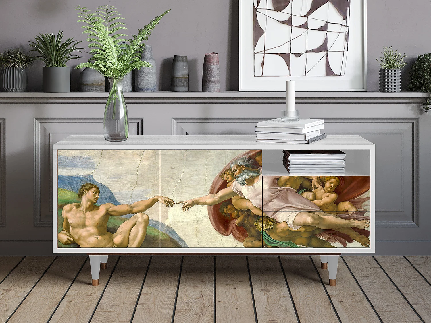 Szafka RTV - 125х56х41 cm - T7 - The Creation of Adam, Biały