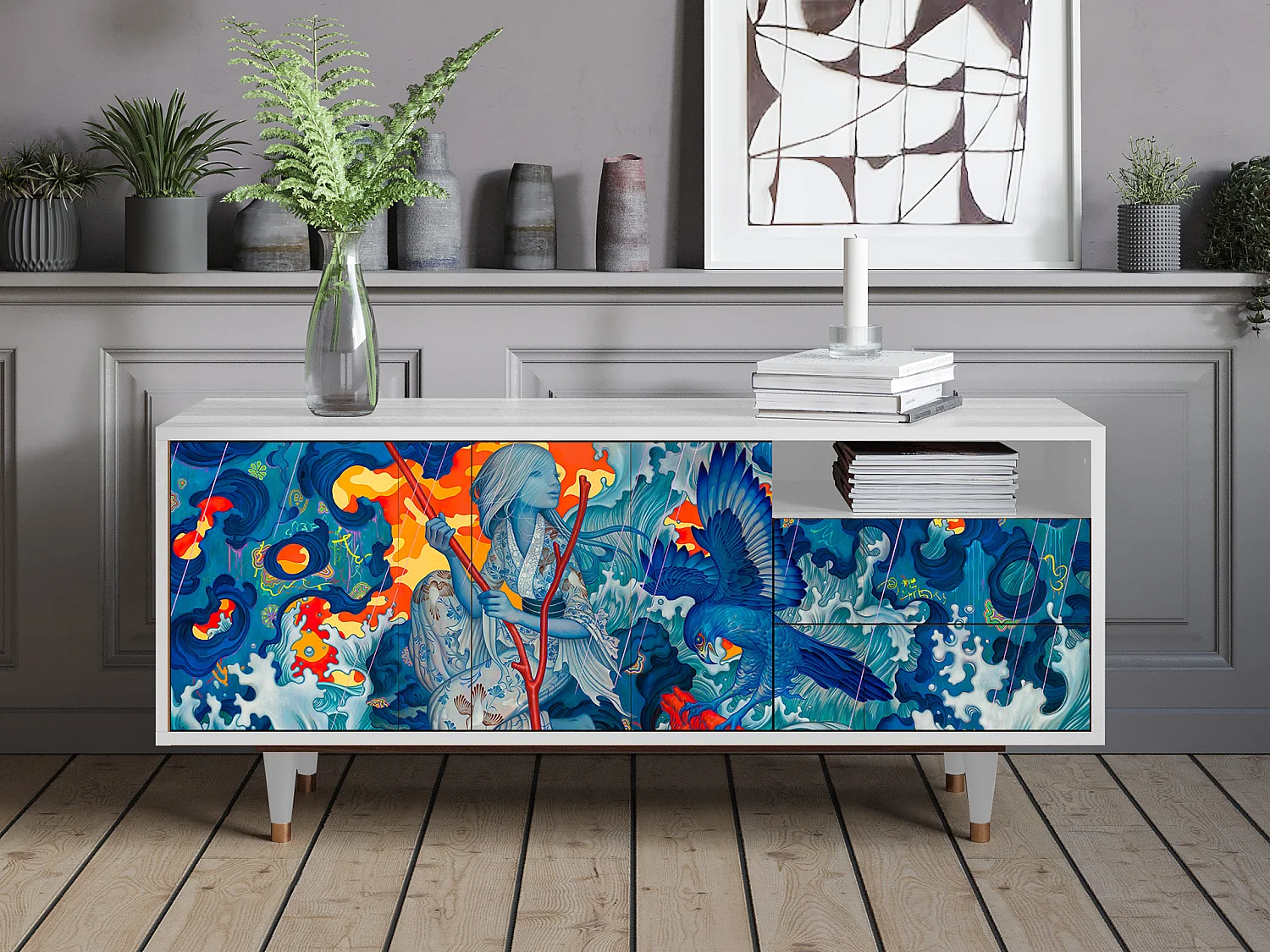 Meuble TV - 125х56х41 cm - T7 - The Girl - James Jean, Blanc