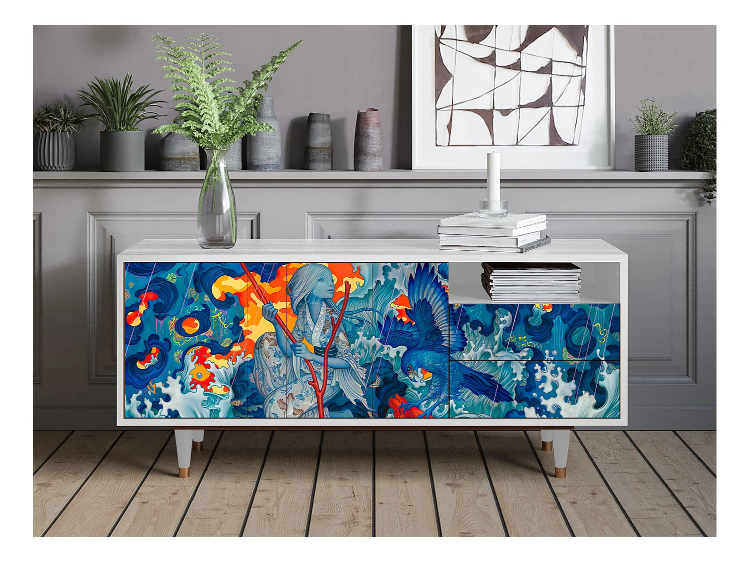 Szafka RTV - 125х56х41 cm - T7 - The Girl - James Jean, Biały