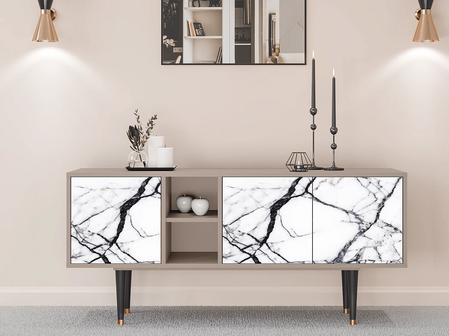 Mueble de TV - 150х69х41 cm - T5 - Raven Marble, Latte