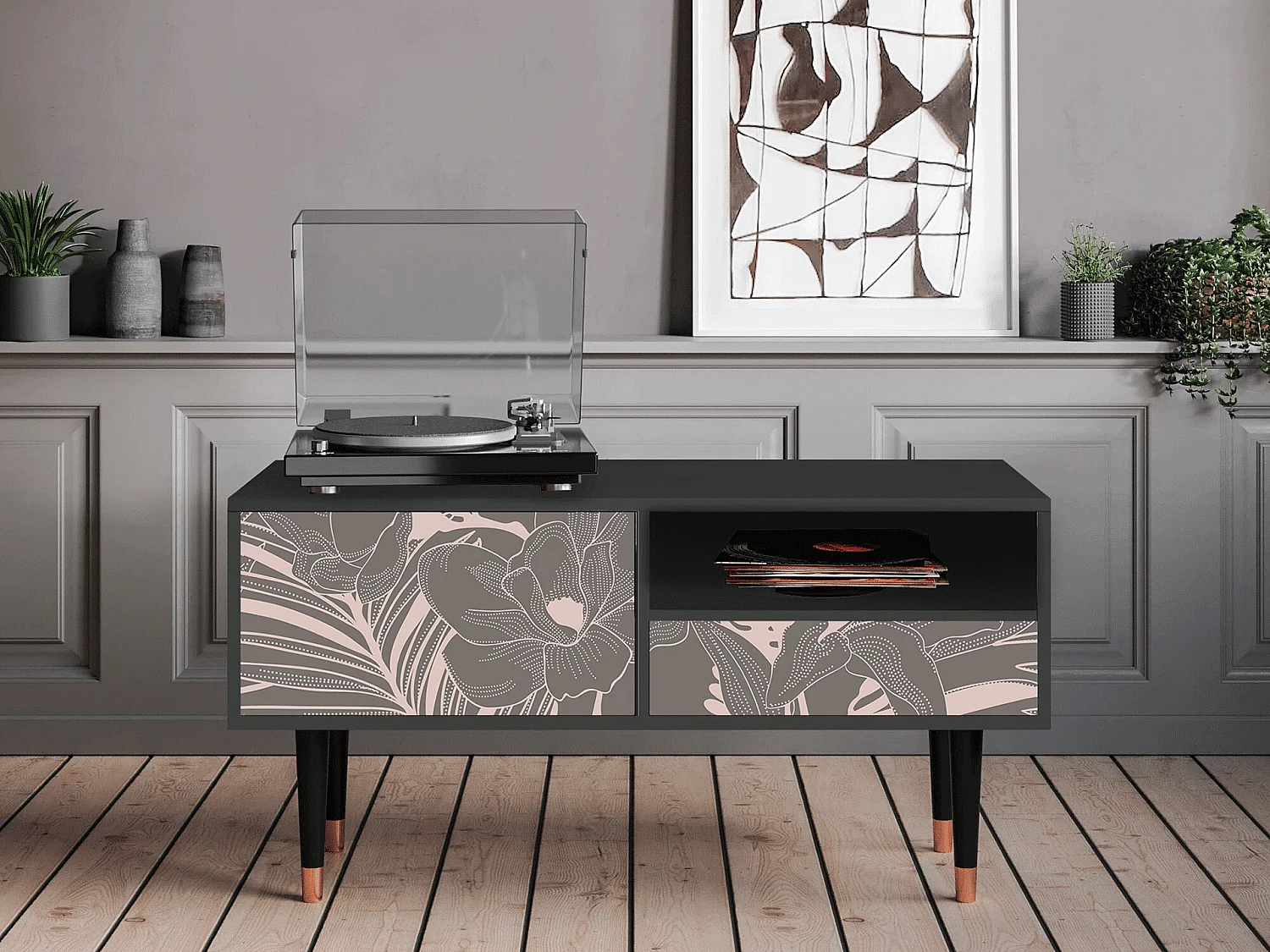 Szafka RTV - 115х59х48 cm - T3 - Issabelline Flower, Antracyt