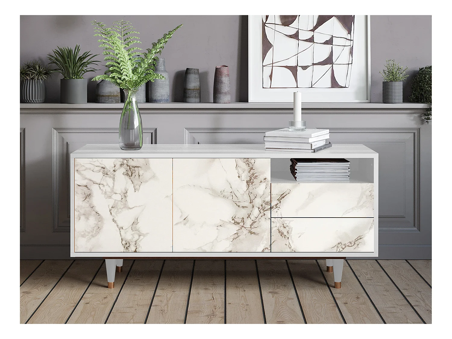 TV-Möbel - 125х56х41 cm - T7 - Milk Marble, Weiß