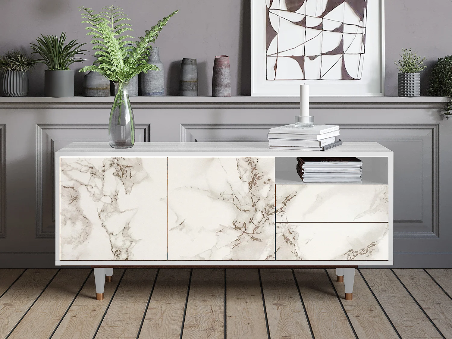 Meuble TV - 125х56х41 cm - T7 - Milk Marble, Blanc