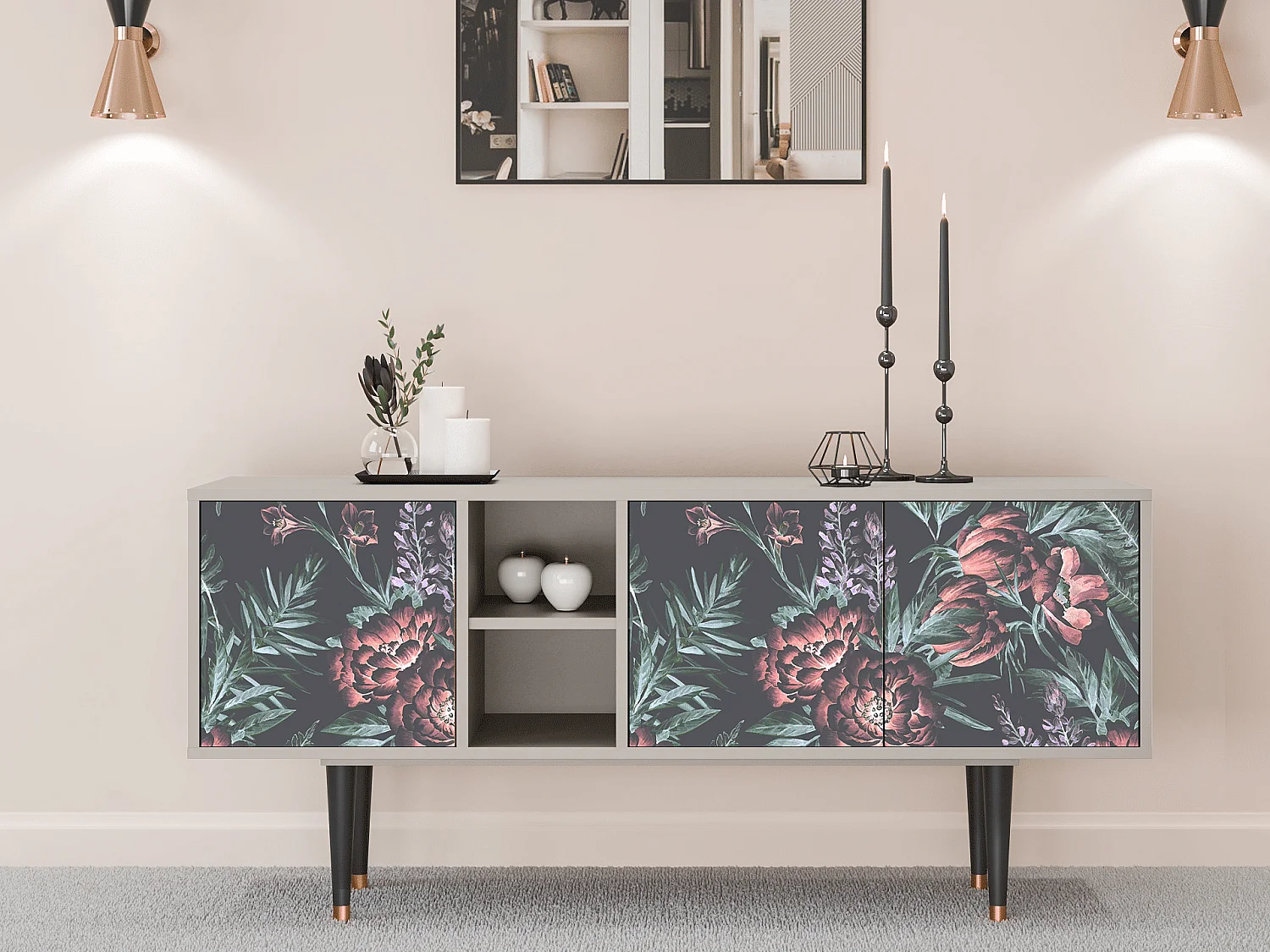 Szafka RTV - 150х69х41 cm - T5 - Dark Peonies, Piaskowy