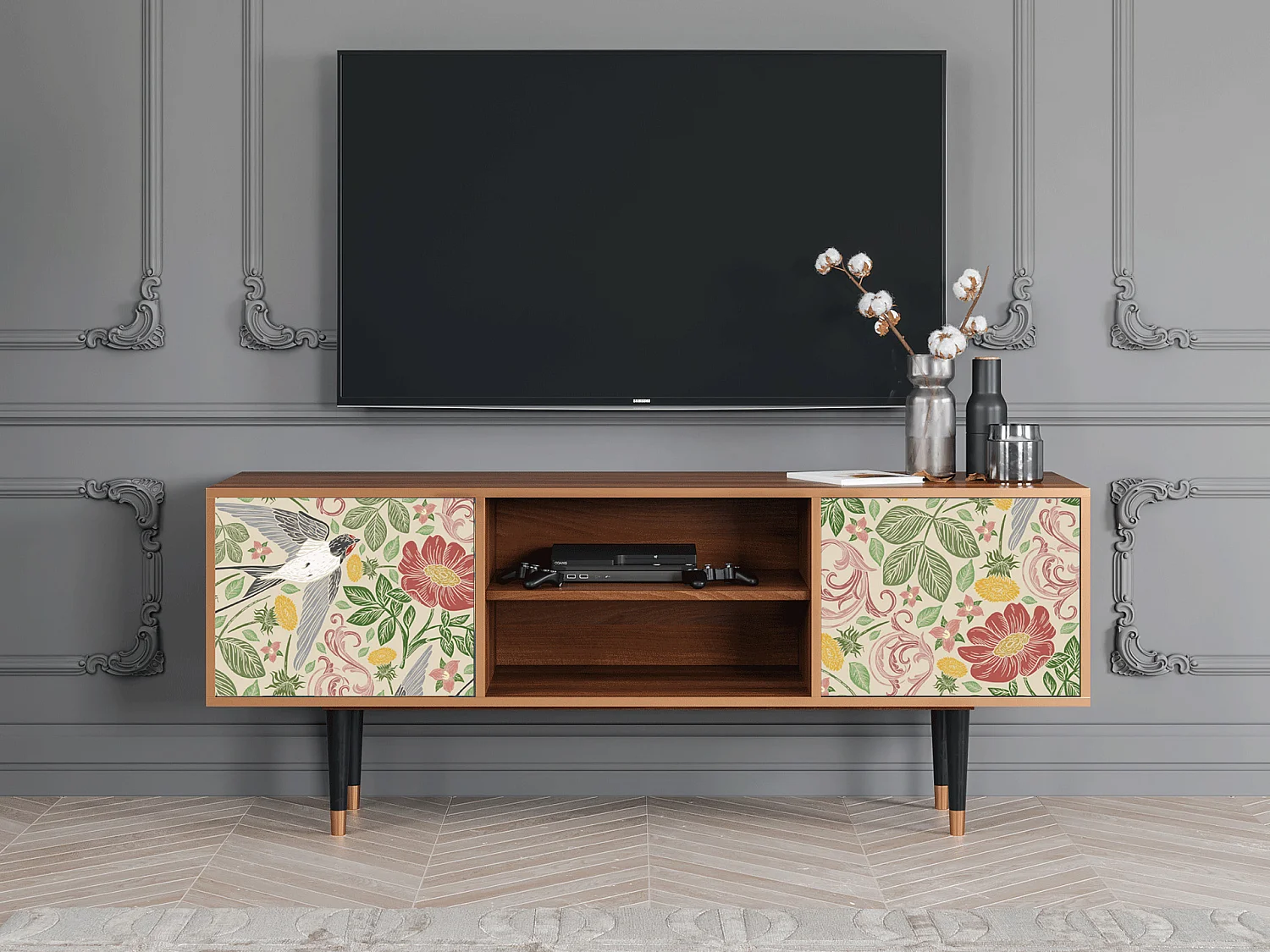 Mobile TV - 170х69х48 cm - T2 - Spring Swallow, Noce