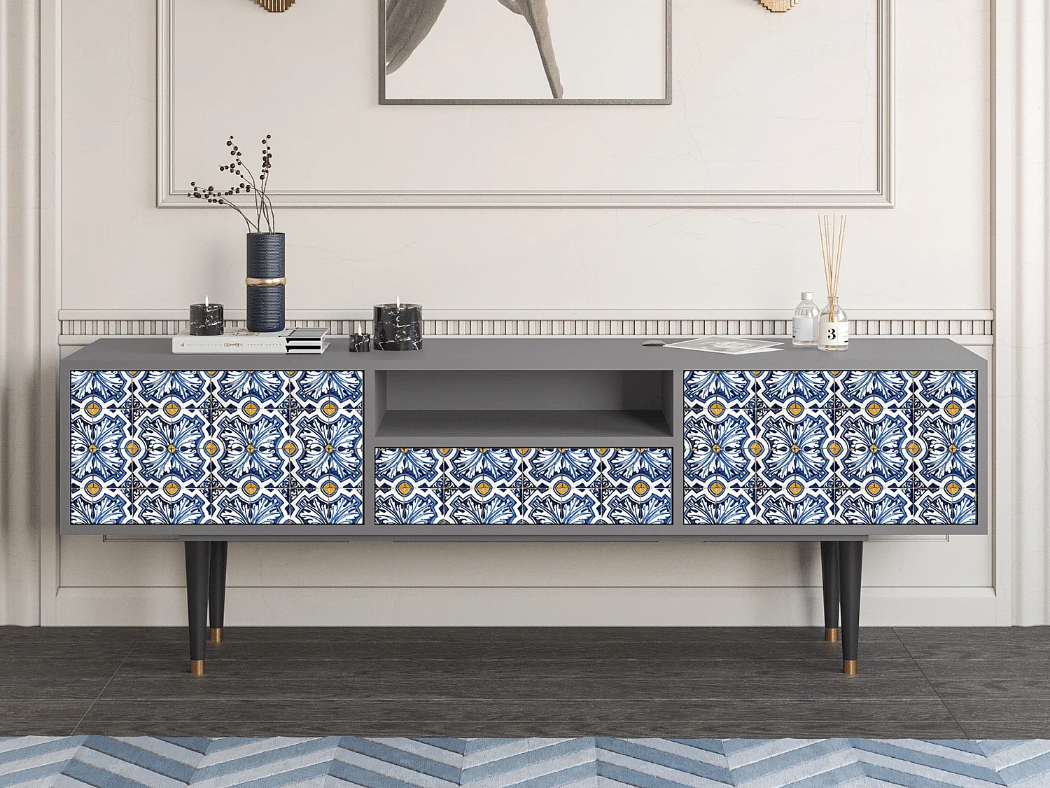 Meuble TV - 170х59х41 cm - T6 - Lovely Cornflowers, Gris