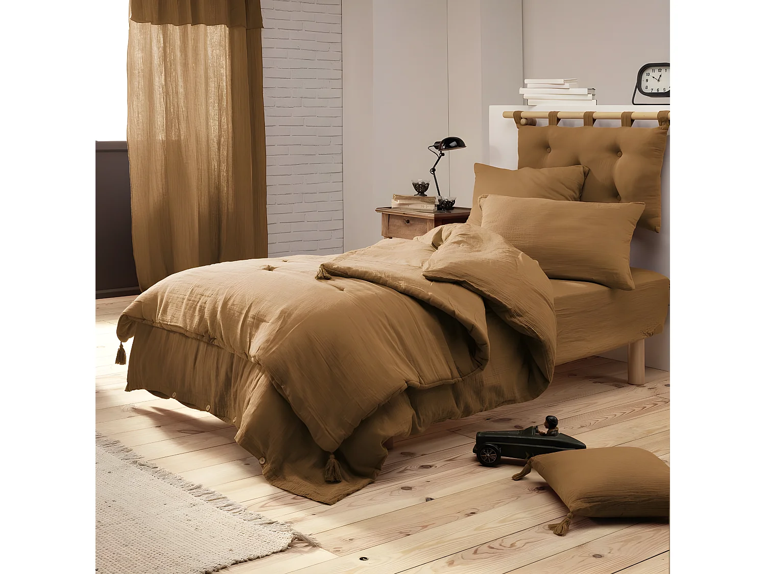 Cache sommier gaze de coton Gaia 90x190cm Camel