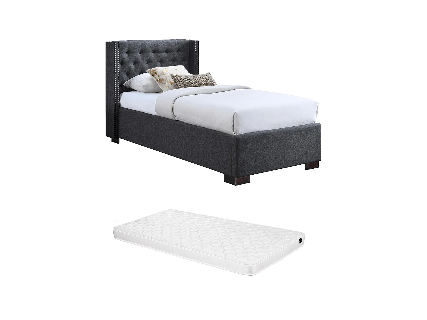 Lit 90 x 200 cm avec tête de lit capitonnée - Tissu - Gris + Matelas - MASSIMO II