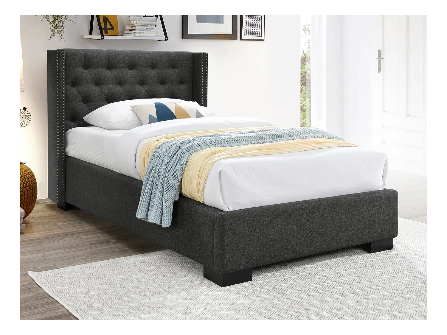 Lit 90 x 200 cm avec tête de lit capitonnée - Tissu - Gris + Matelas - MASSIMO II