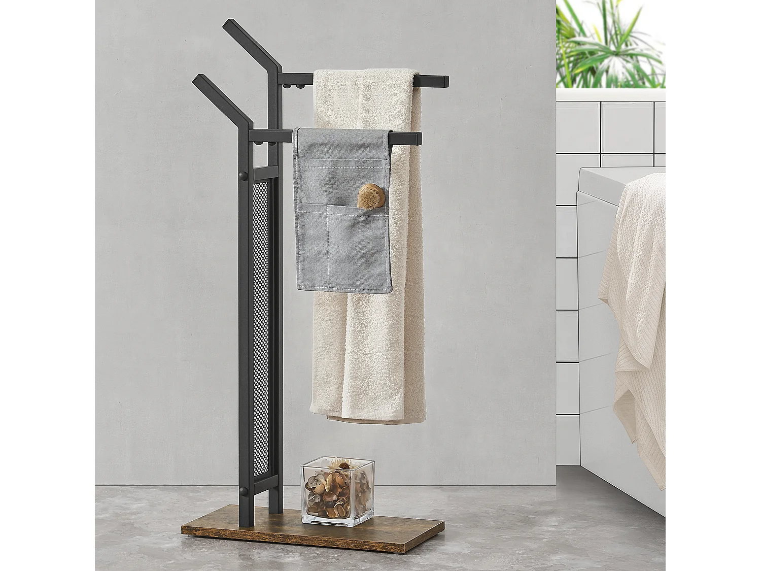 Porte-serviettes Telavi à 2 barres en acier et MDF 88 x 40 x 20 cm [en.casa]