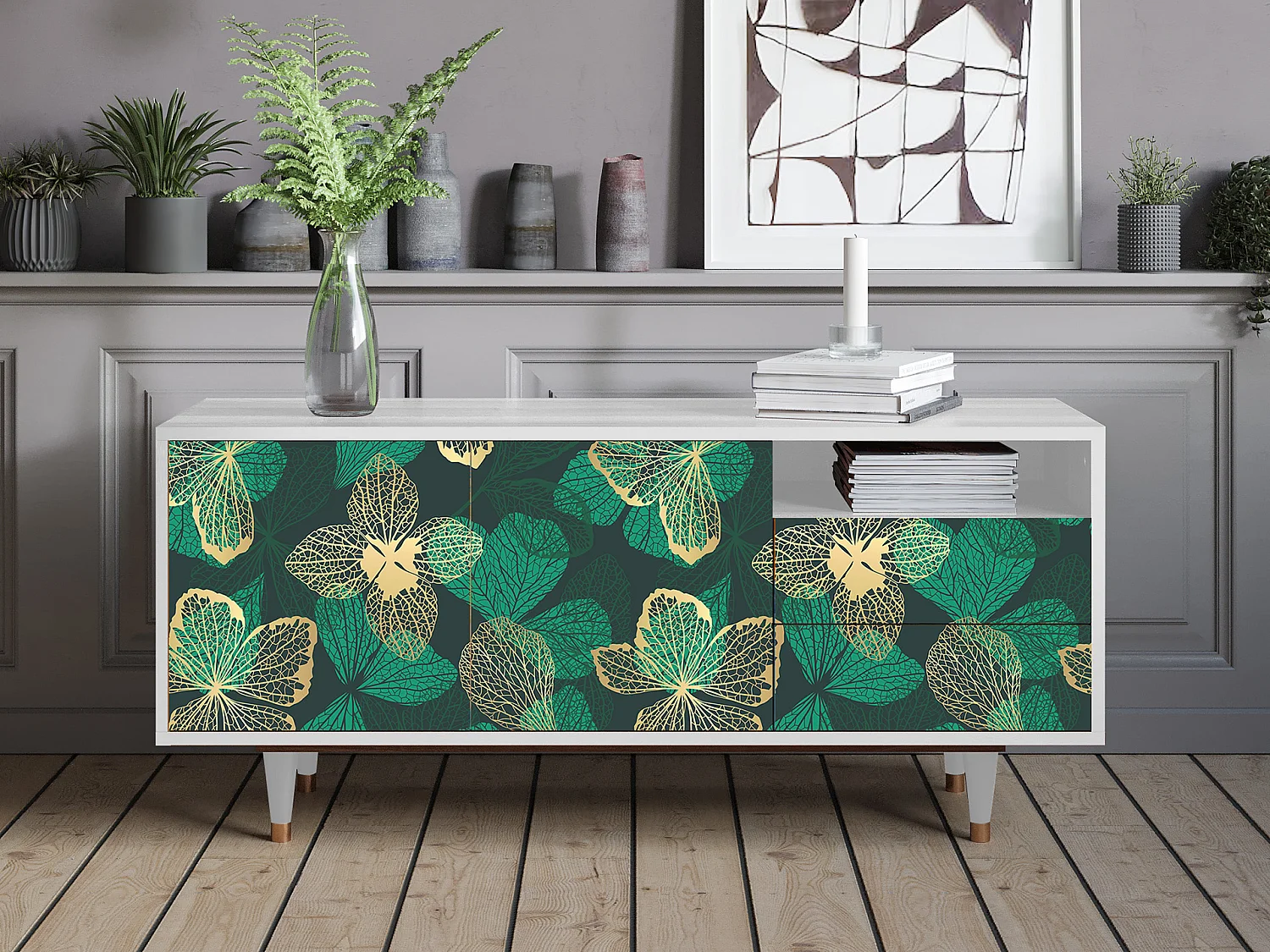 Meuble TV - 125х56х41 cm - T7 - Green Flower, Blanc