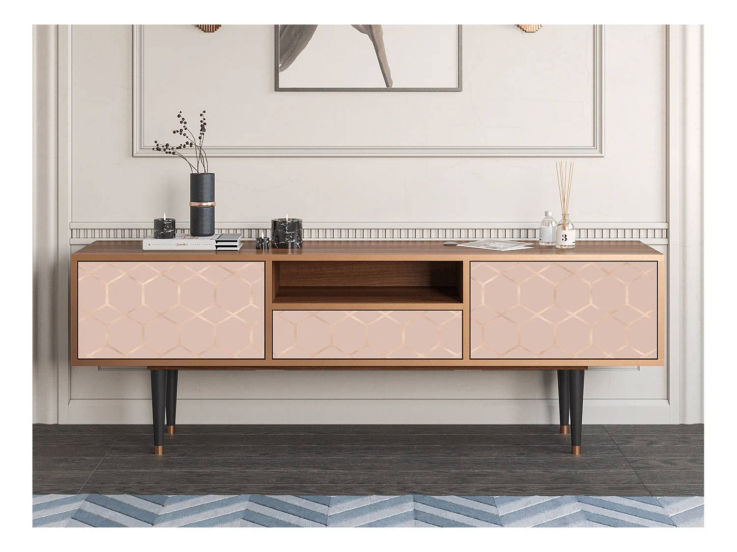 Meuble TV - 170х59х41 cm - T6 - Rose Honeycomb, Noyer