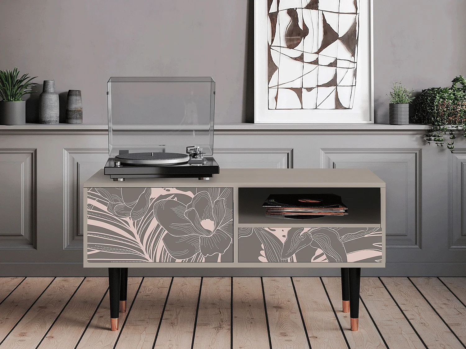 Szafka RTV - 115х59х48 cm - T3 - Issabelline Flower, Piaskowy