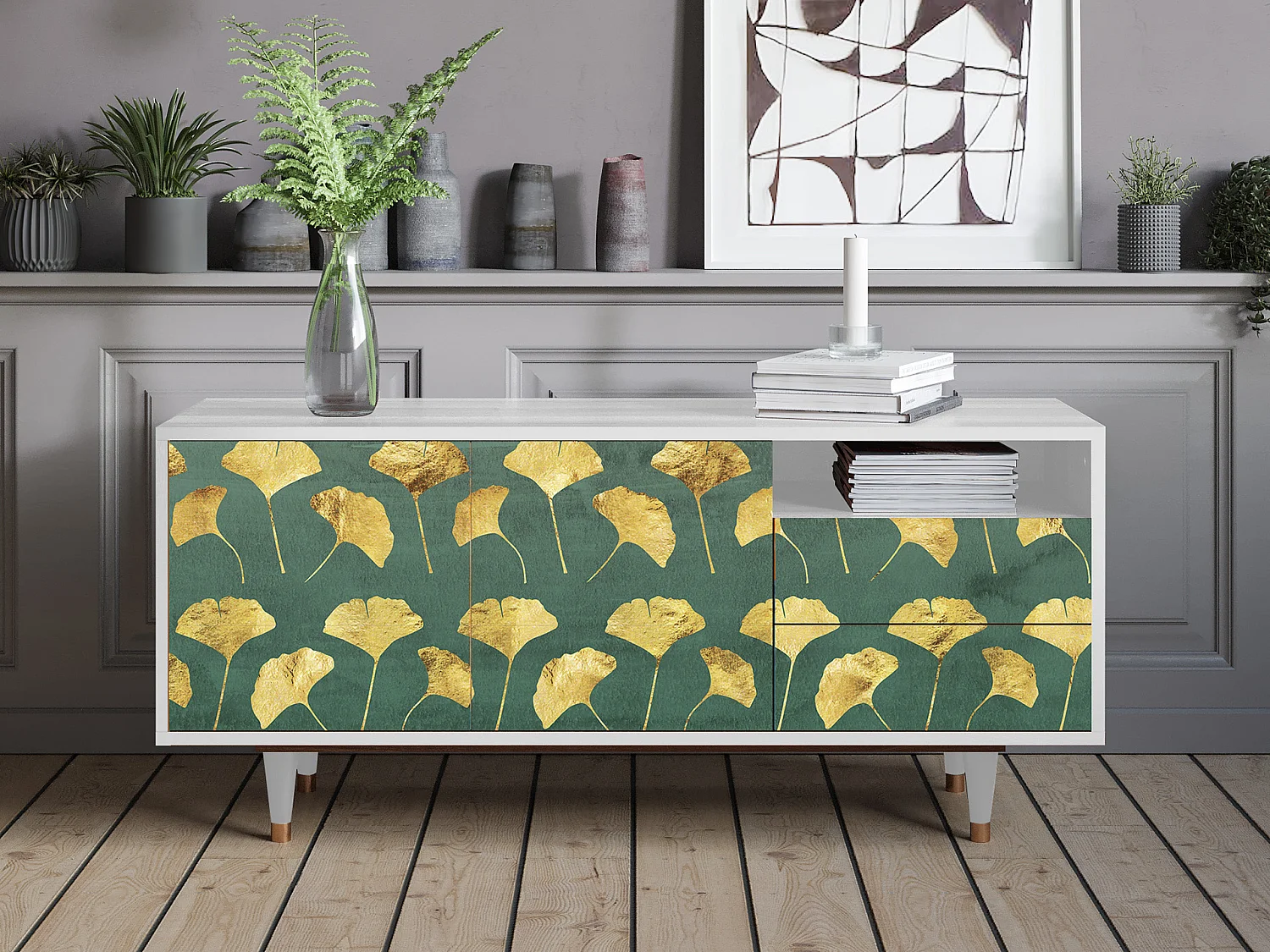 Mueble de TV - 125х56х41 cm - T7 - Gingko leaves, Blanco