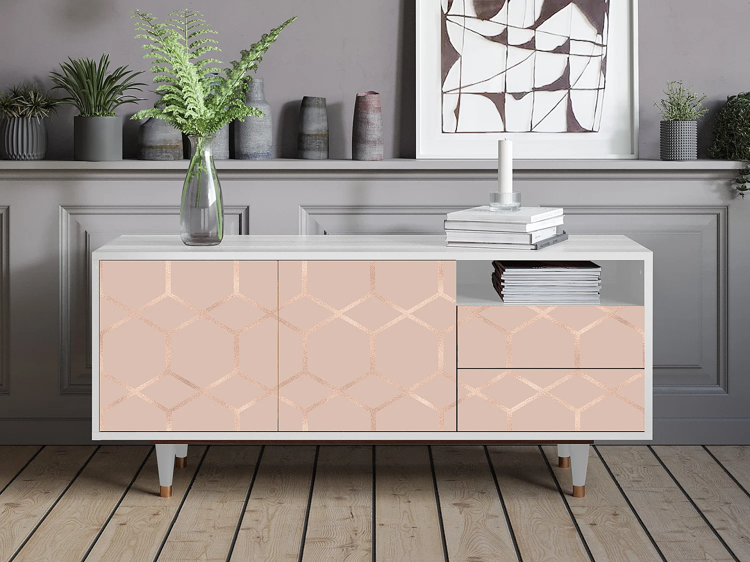Mueble de TV - 125х56х41 cm - T7 - Rose Honeycomb, Blanco