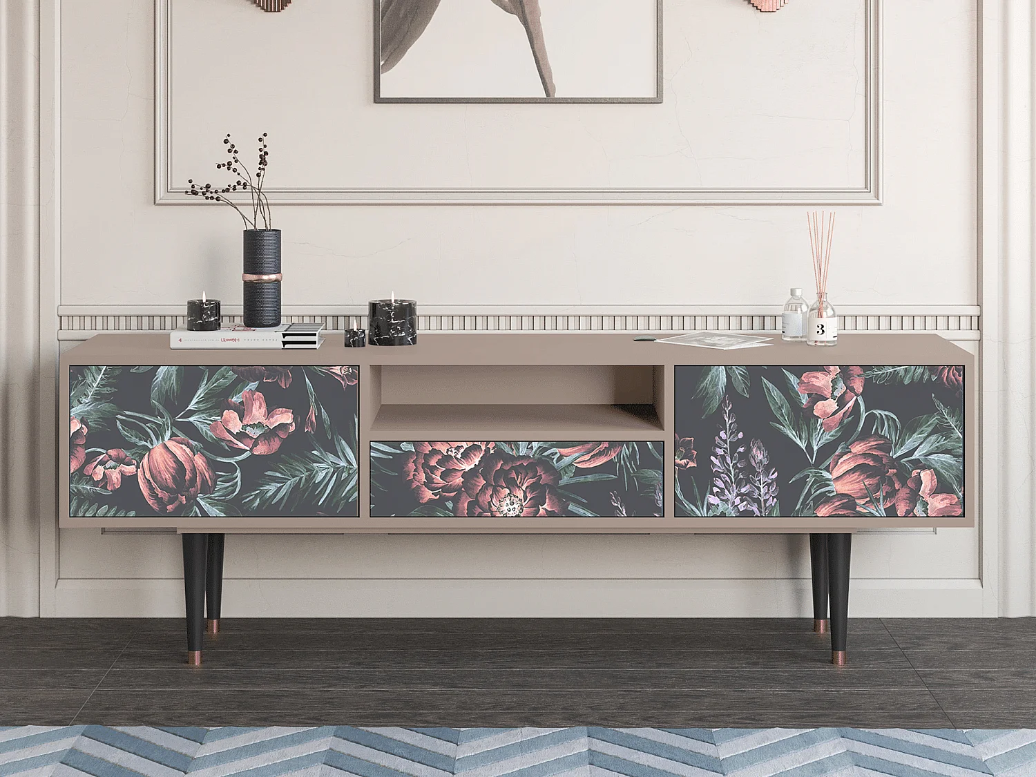 Meuble TV - 170х59х41 cm - T6 - Dark Peonies, Latte