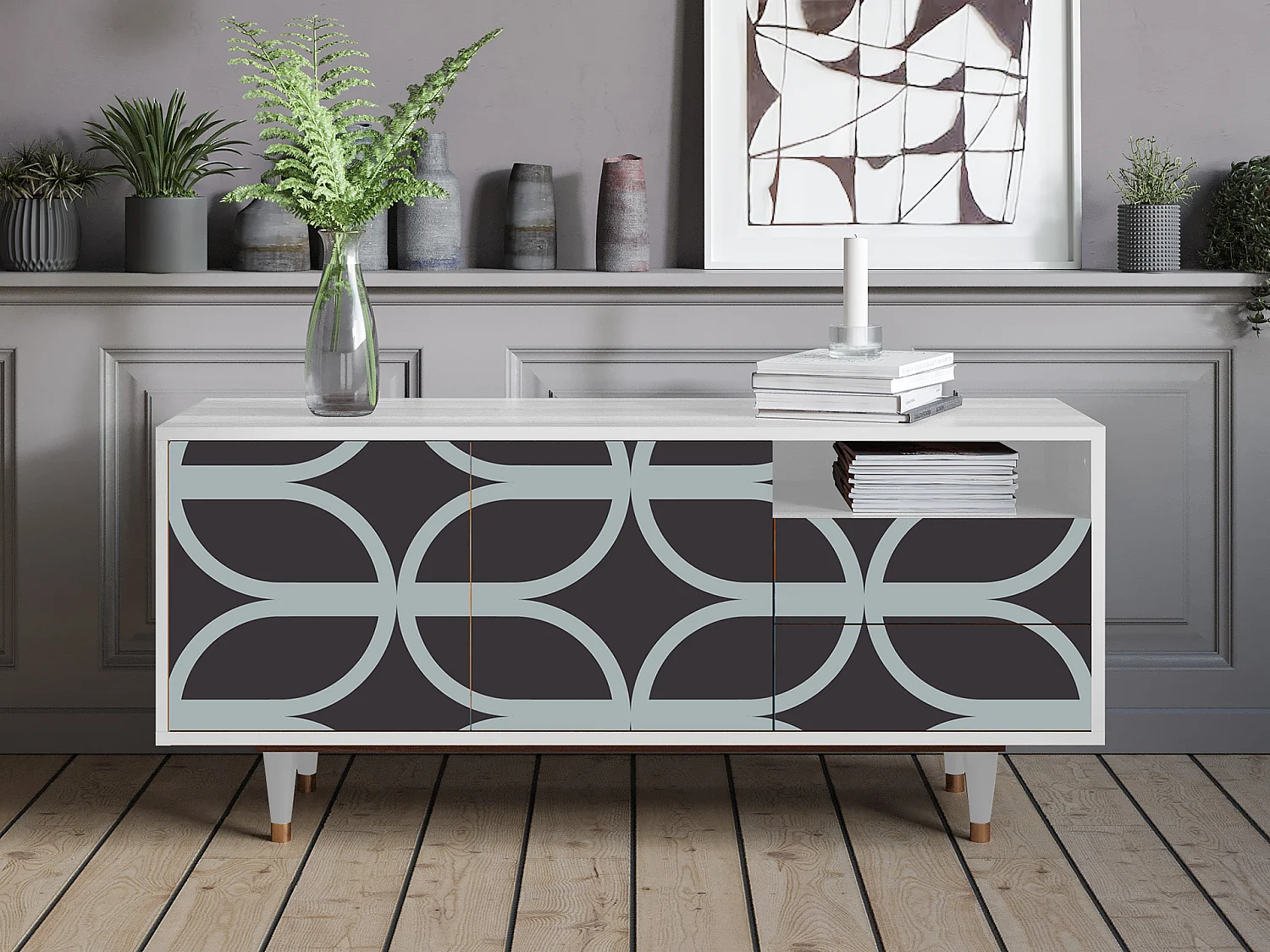 Meuble TV - 125х56х41 cm - T7 - Braided Blue, Blanc