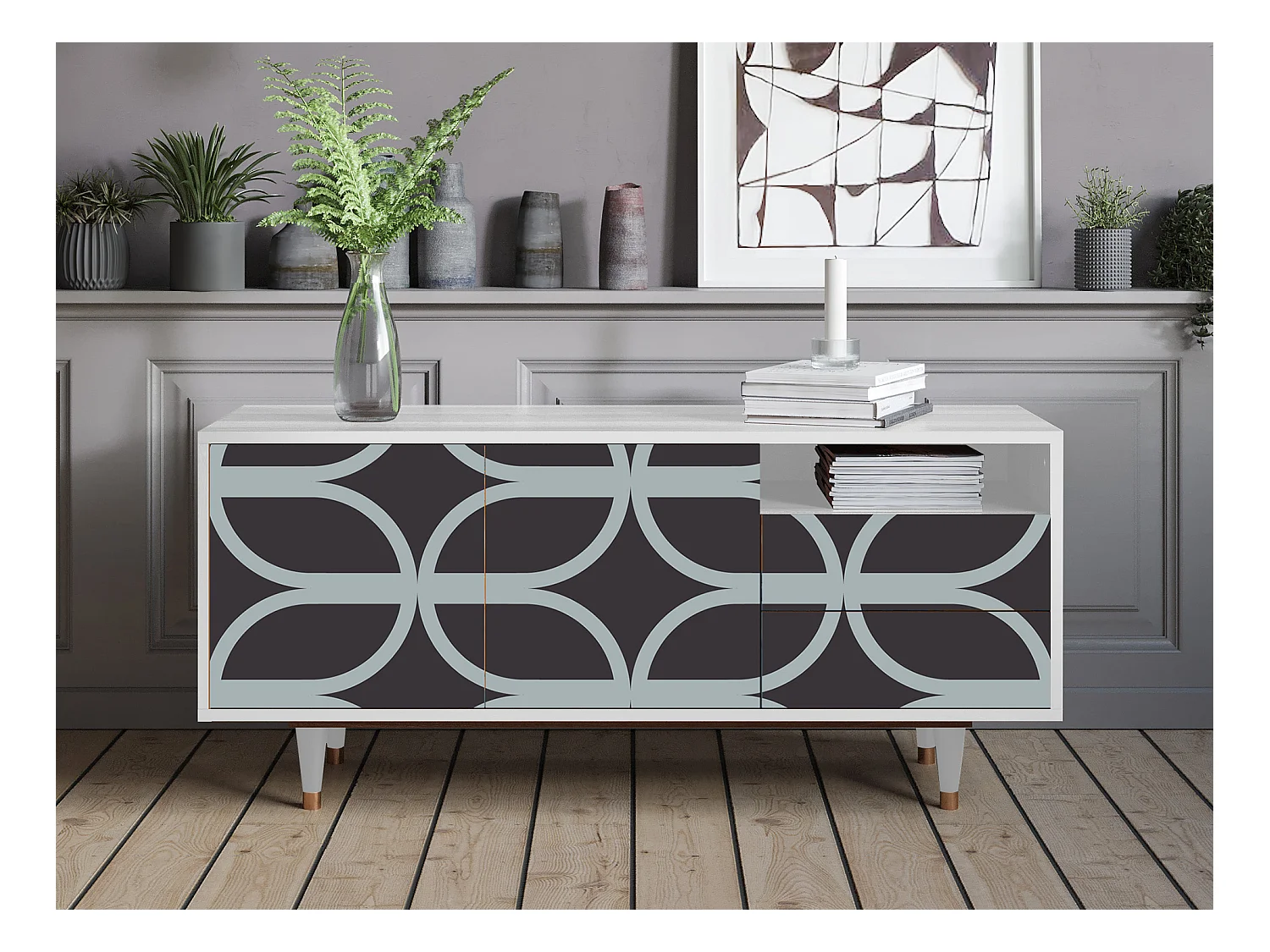 Szafka RTV - 125х56х41 cm - T7 - Braided Blue, Biały