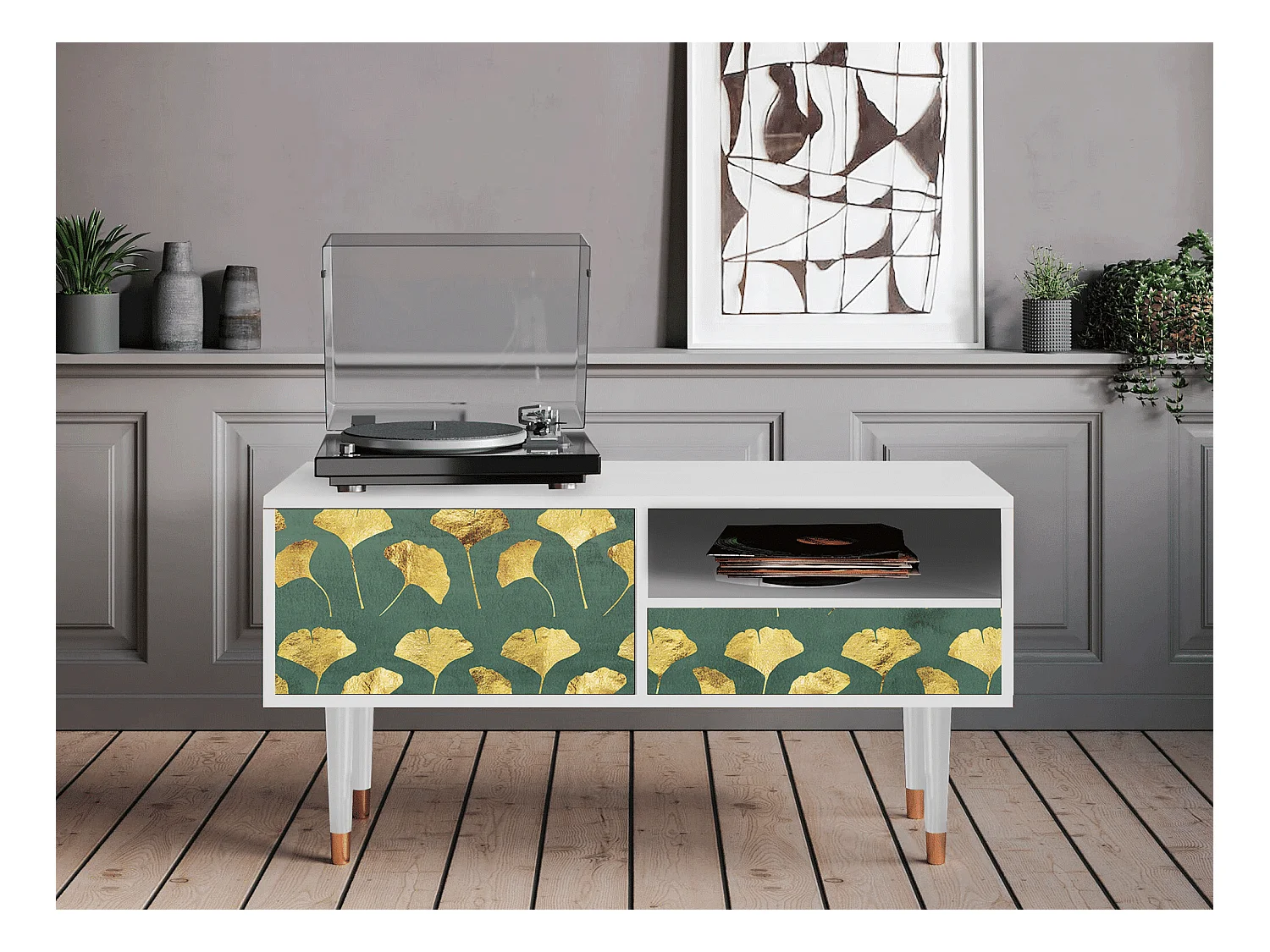 Meuble TV - 115х59х48 cm - T3 - Gingko leaves, Blanc