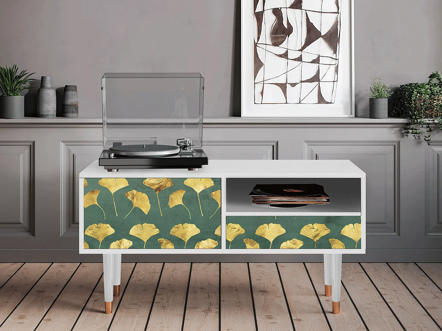 Meuble TV - 115х59х48 cm - T3 - Gingko leaves, Blanc