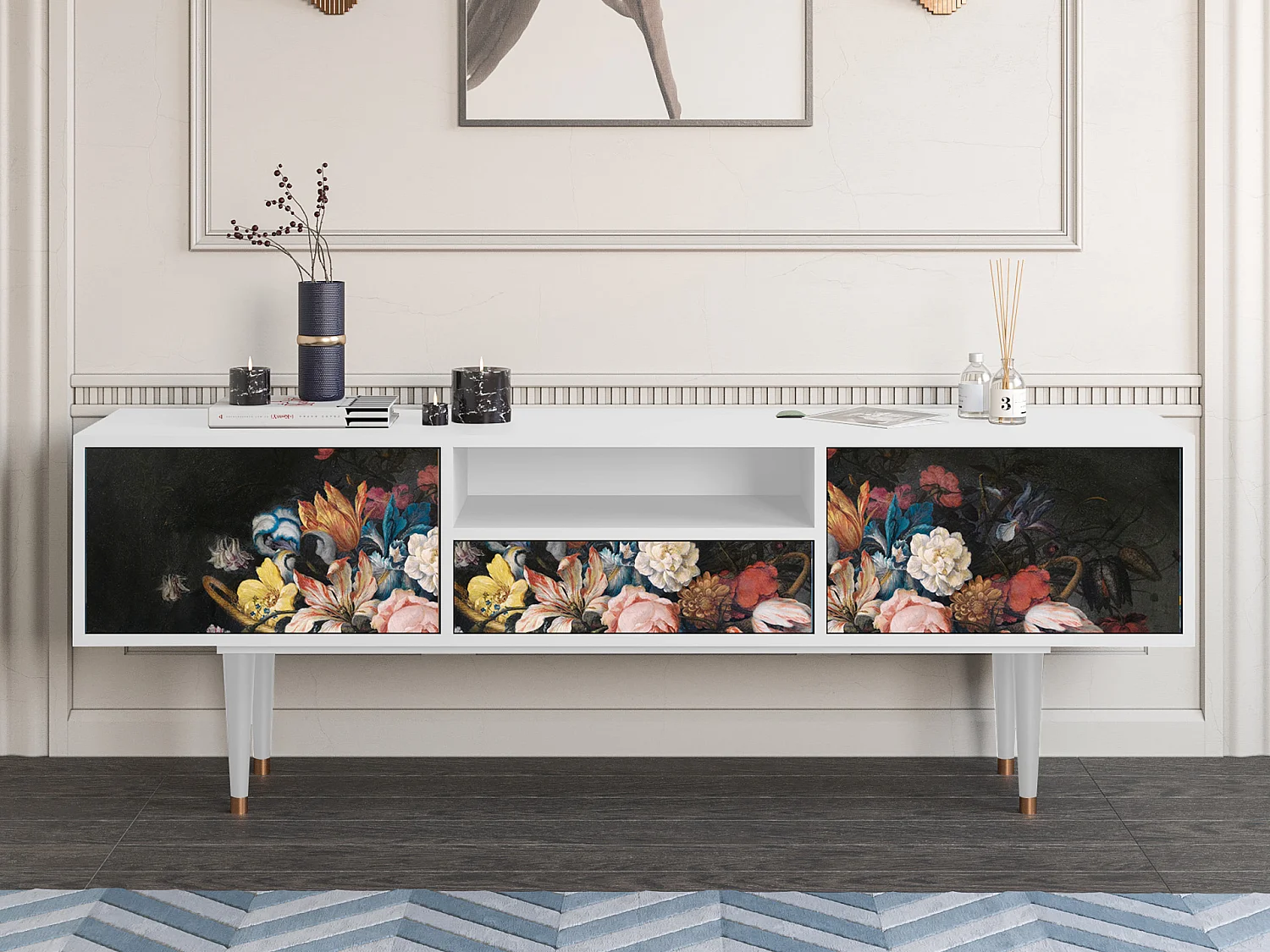 Meuble TV - 170х59х41 cm - T6 - Still Life with Flowers, Blanc