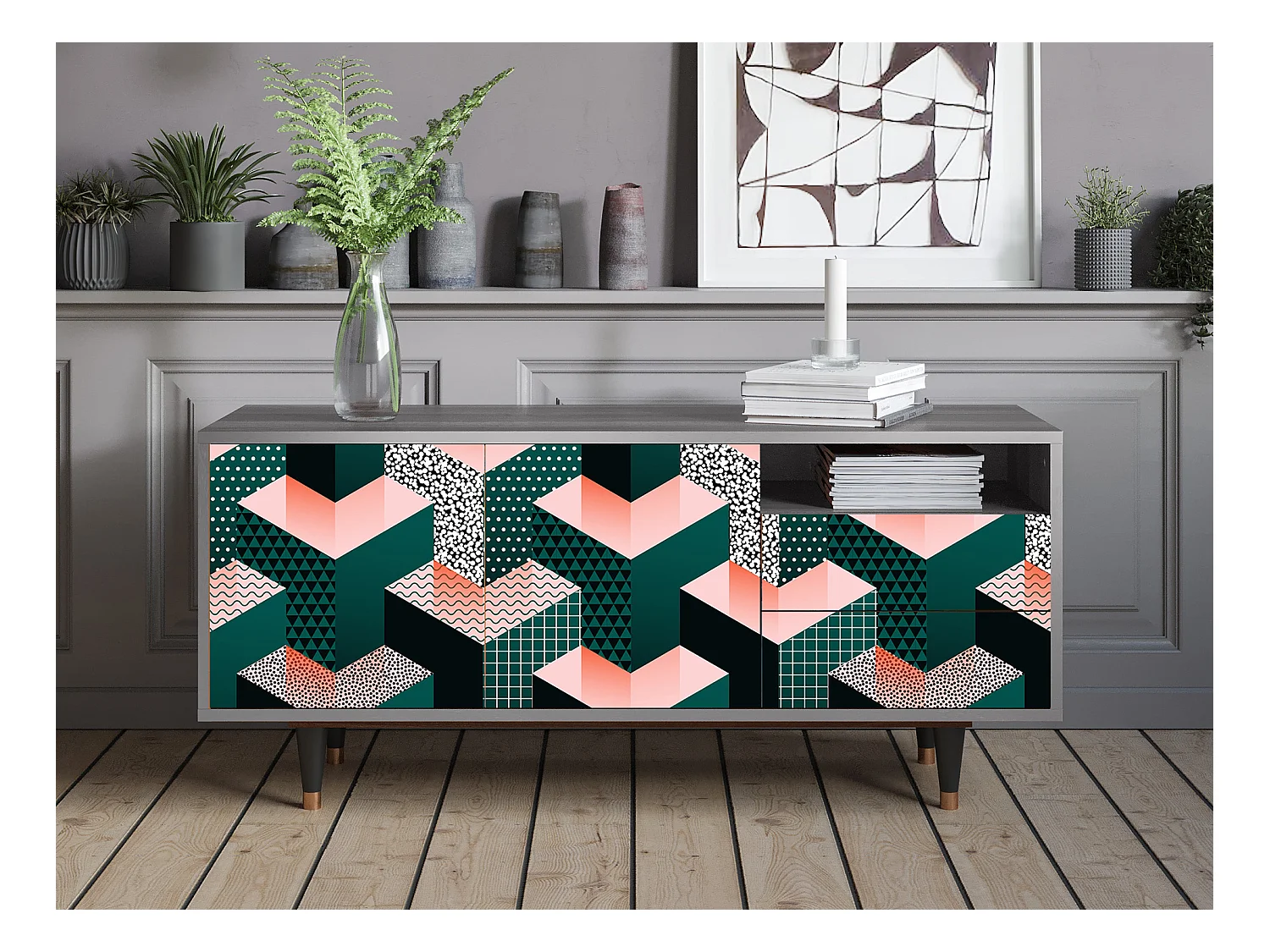 Meuble TV - 125х56х41 cm - T7 - Geometric Madness, Gris