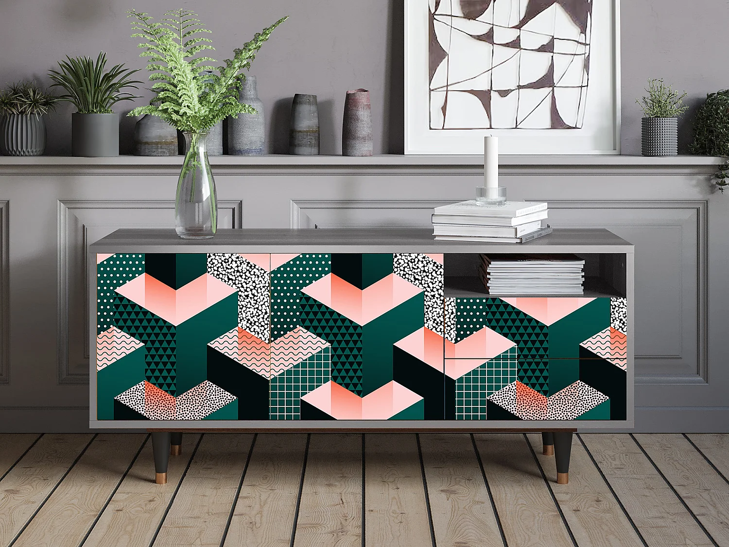 Mueble de TV - 125х56х41 cm - T7 - Geometric Madness, Gris