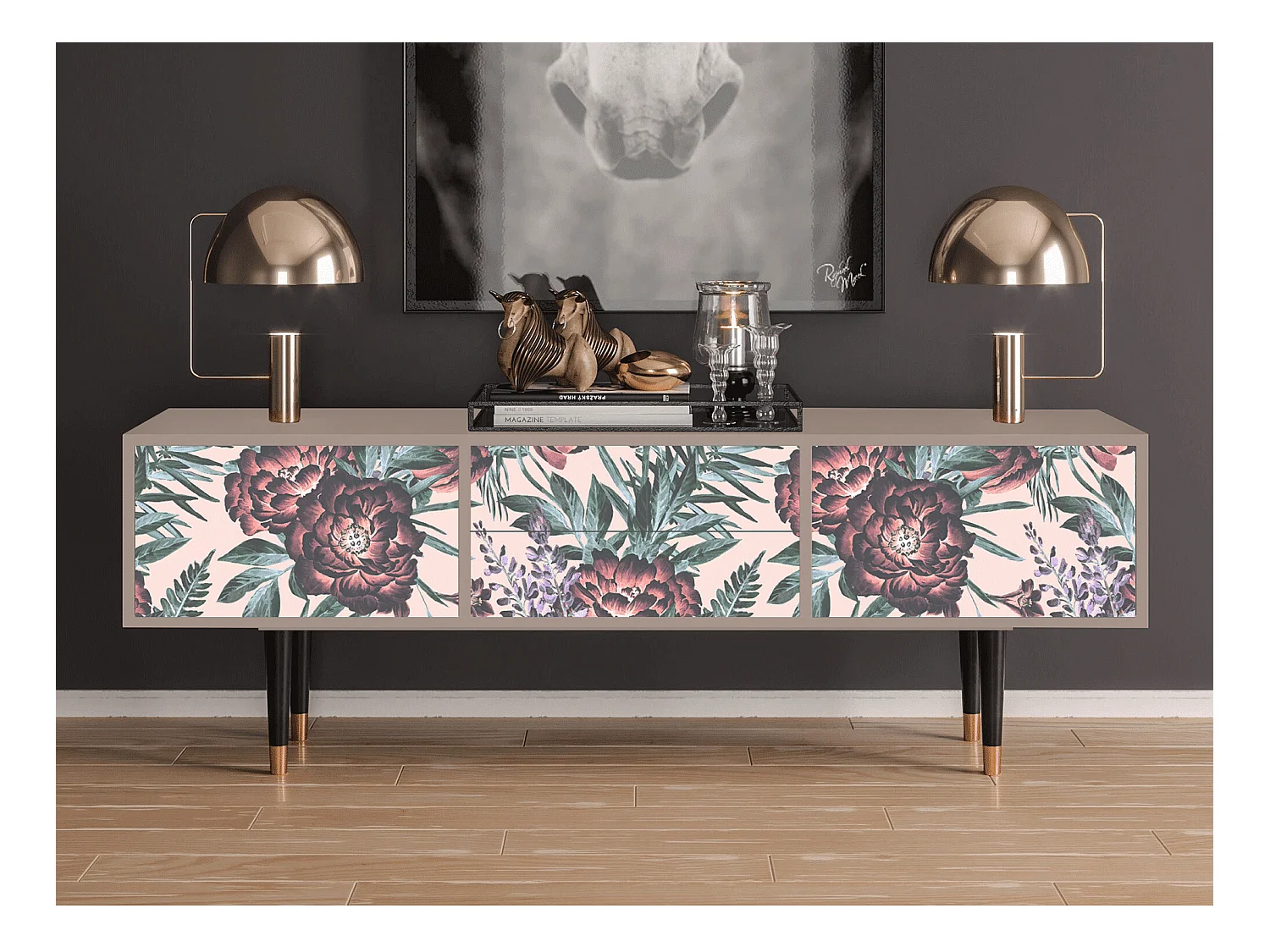 Meuble TV - 170х59х48 cm - T4 - Peach Peonies, Latte