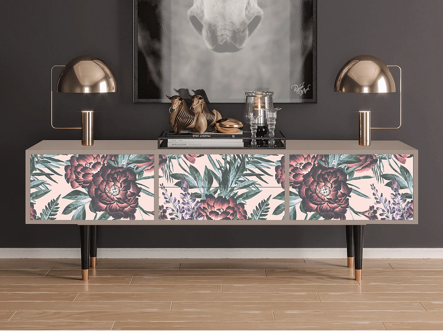 Meuble TV - 170х59х48 cm - T4 - Peach Peonies, Latte