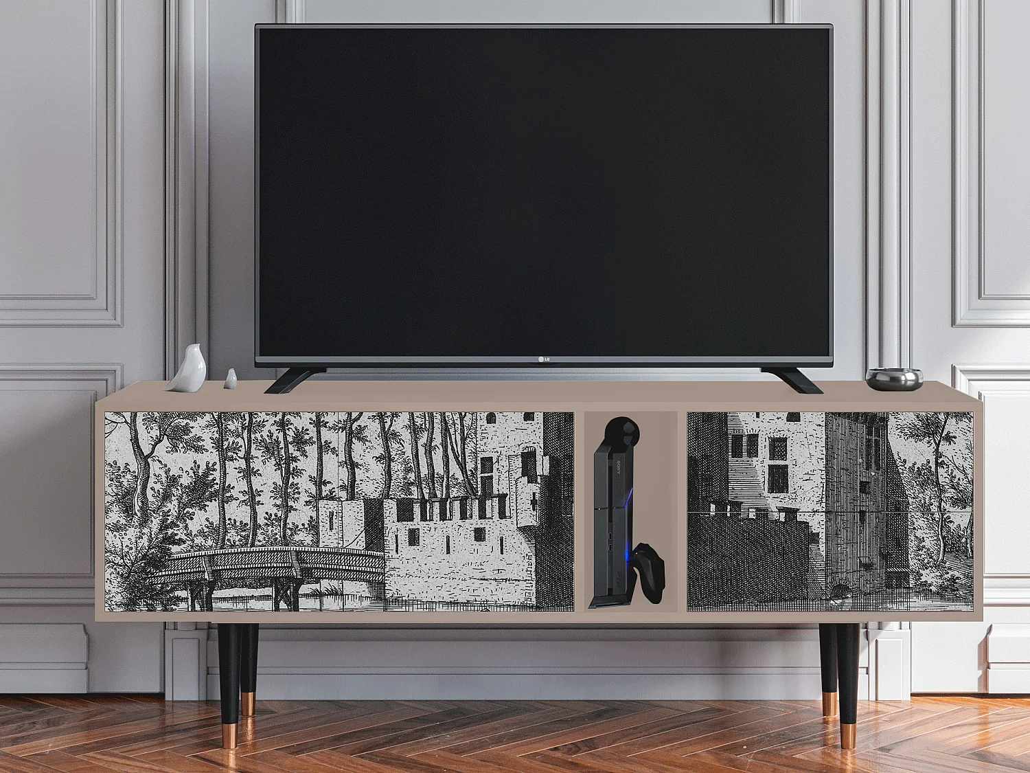 Szafka RTV - 170х69х48 cm - T1 - Castle with Bridge, Latte