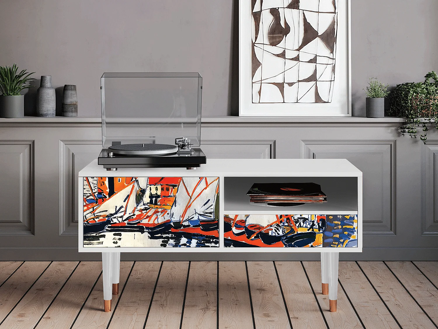 Mueble de TV - 115х59х48 cm - T3 - Le Séchage des voiles , Blanco