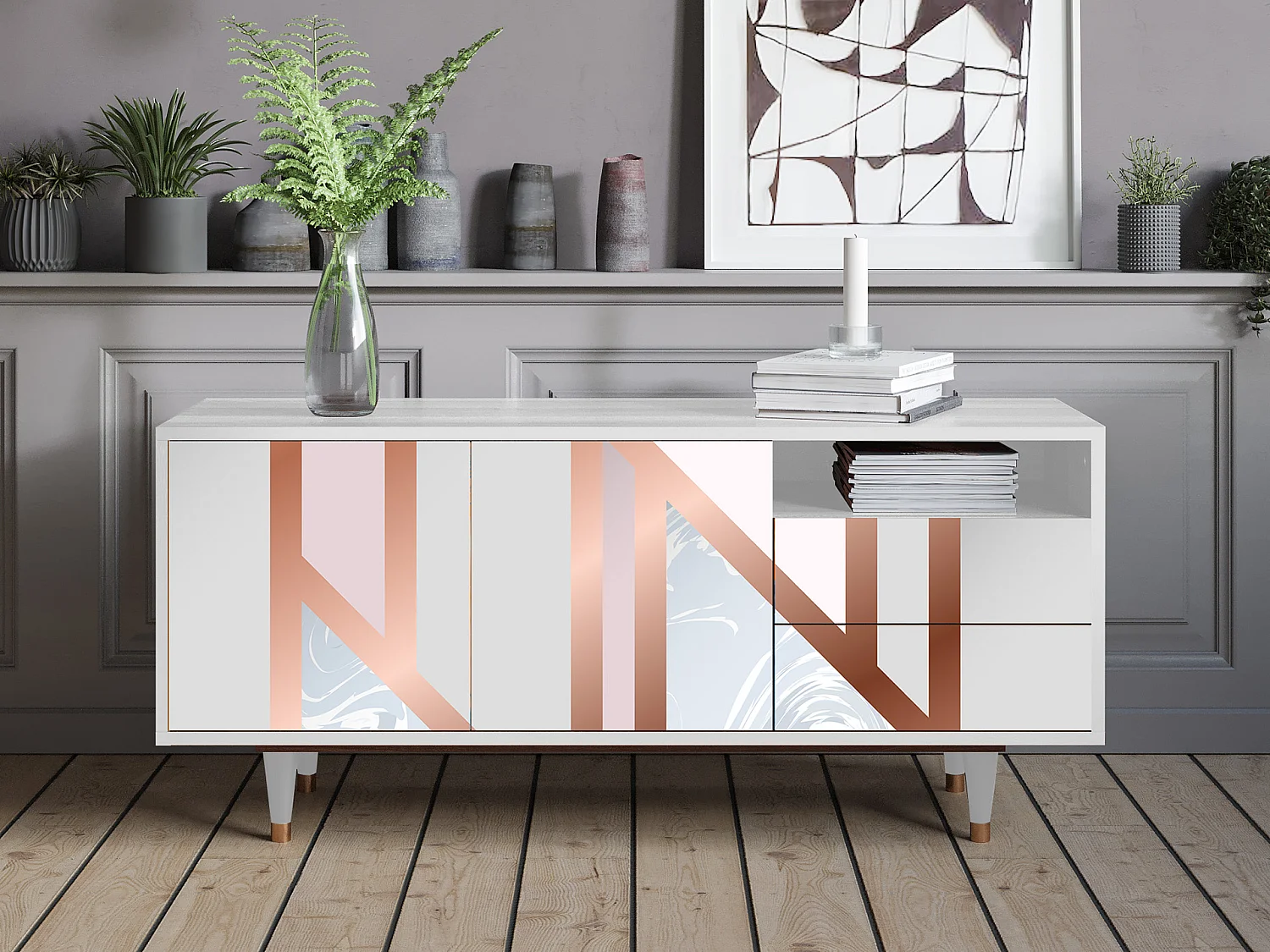 Meuble TV - 125х56х41 cm - T7 - Champagne Story, Blanc