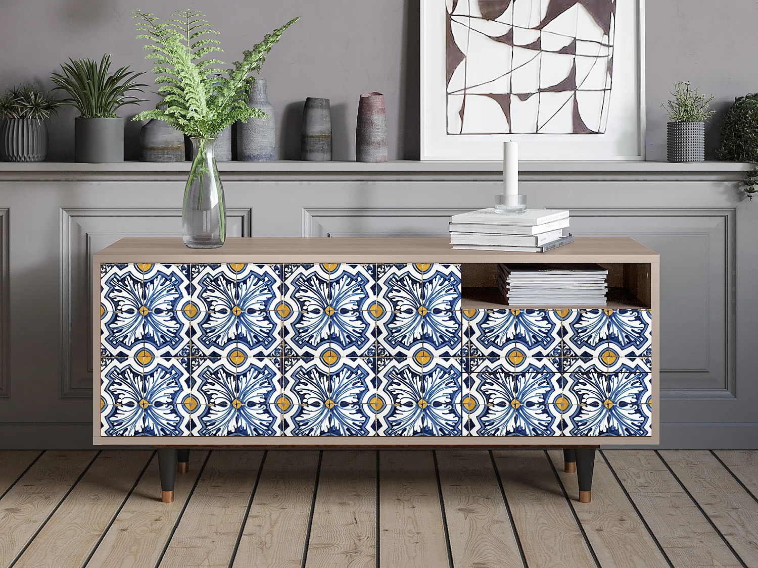 TV-meubel - 125х56х41 cm - T7 - Lovely Cornflowers, Latte